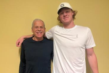 Dr. Bob Hirsch (left) is taking a class with the student he delivered over 21 years ago, Hudson Higgins (right).