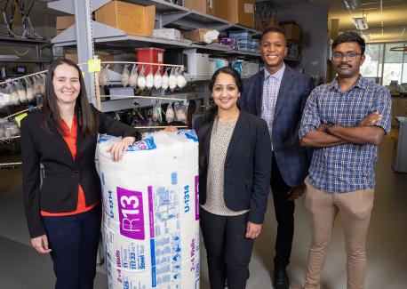 From left, Kelly Farmer, Akanksha Menon, Joe Bozeman, and Arjun Ramshankar with a package of traditional fiberglass insulation and a rack holding samples of potential hemp-based insulation materials created by graduate student Elyssa Ferguson in Menon's lab. 